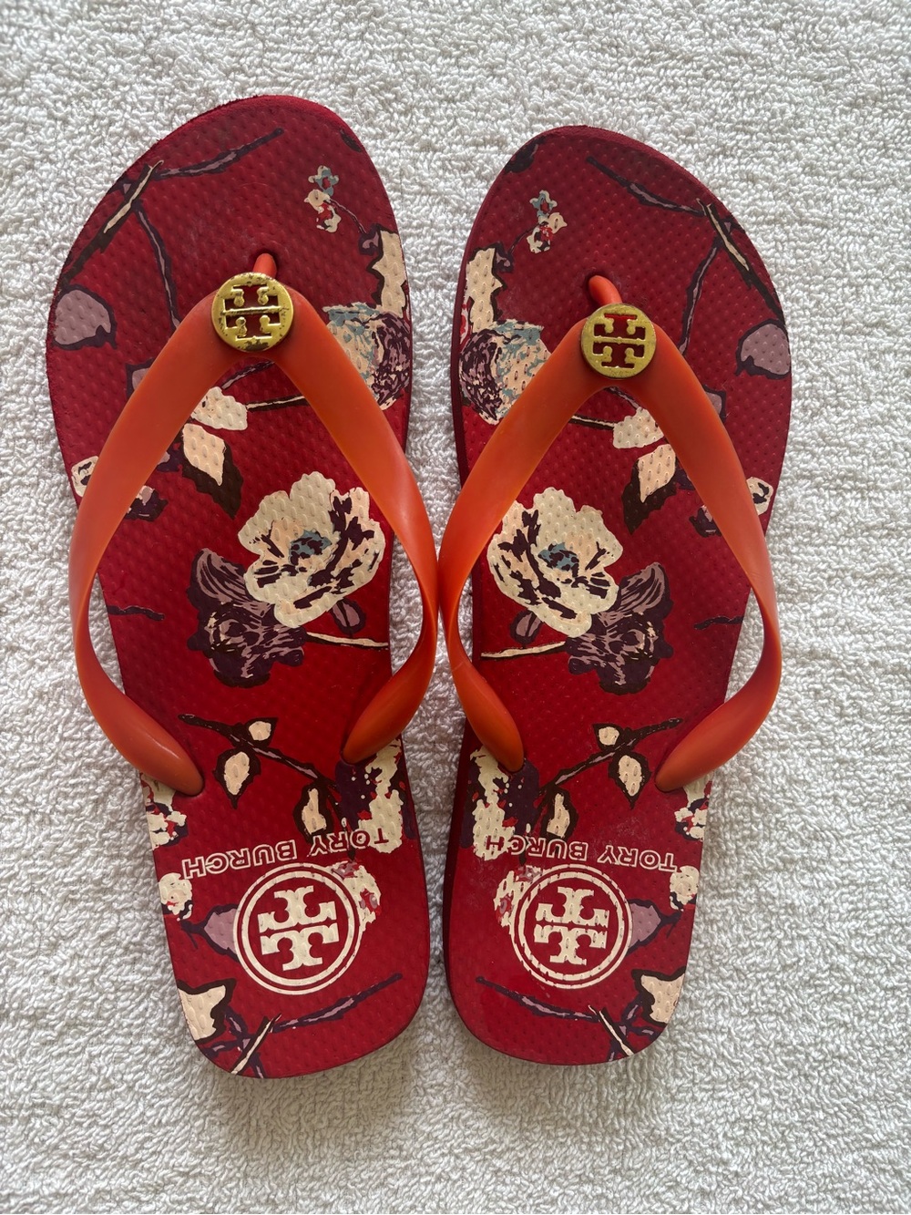 Tory Burch Red Floral Flip Flops with Orange Straps